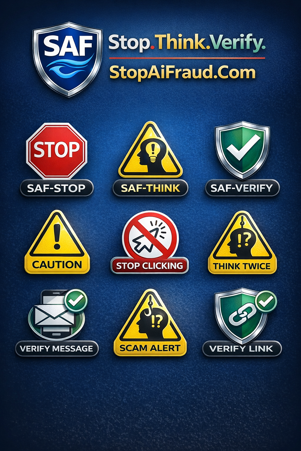 SAF Digital Safety Symbol System featuring nine visual safety markers: SAF-STOP, SAF-THINK, SAF-VERIFY, CAUTION, STOP CLICKING, THINK TWICE, VERIFY MESSAGE, SCAM ALERT, and VERIFY LINK. Each symbol is designed for digital fraud awareness education.